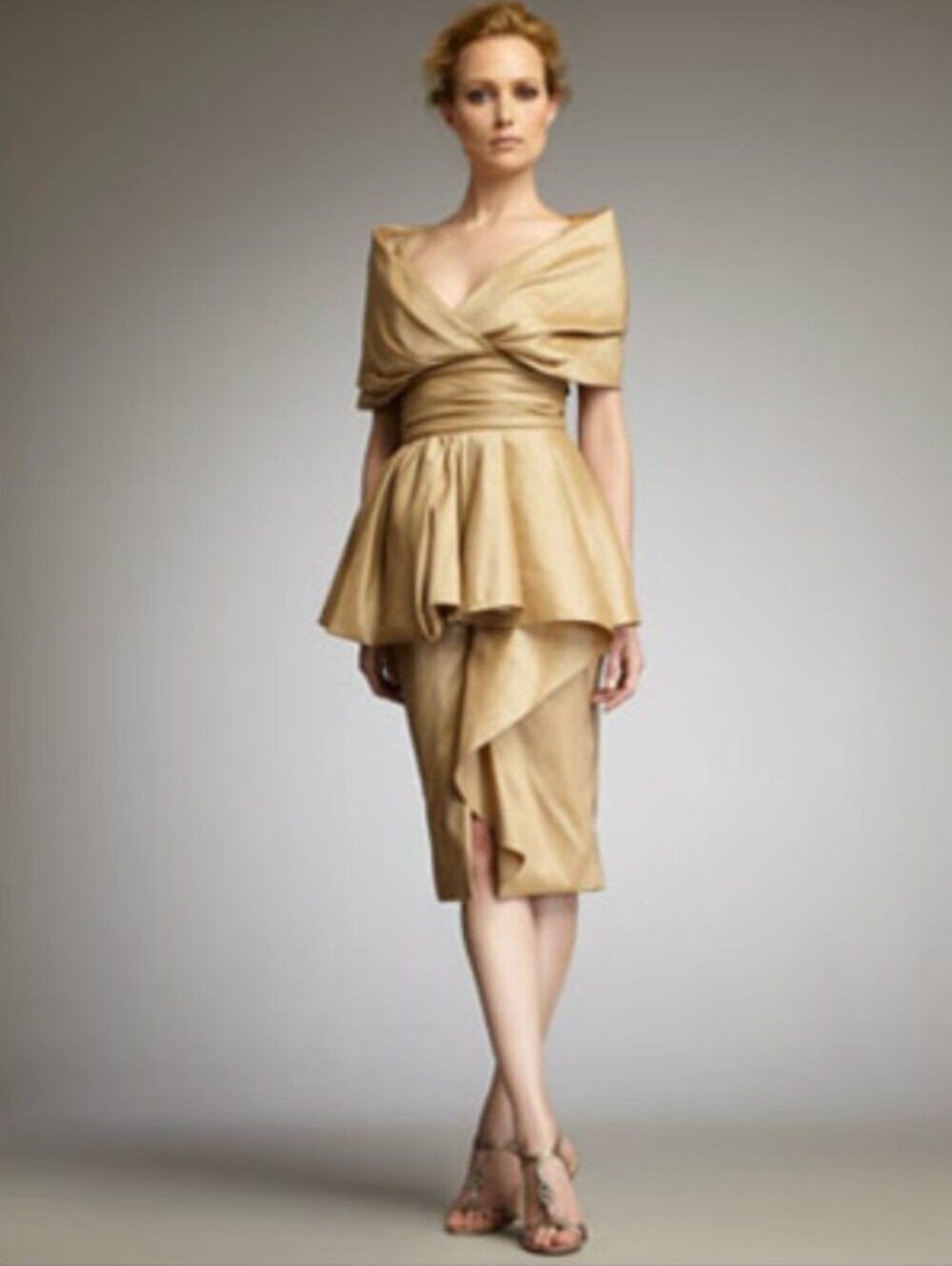 Badgley Mischka Collection Portrait Collar Peplum Gold Midi Dress Size 10 NWT!